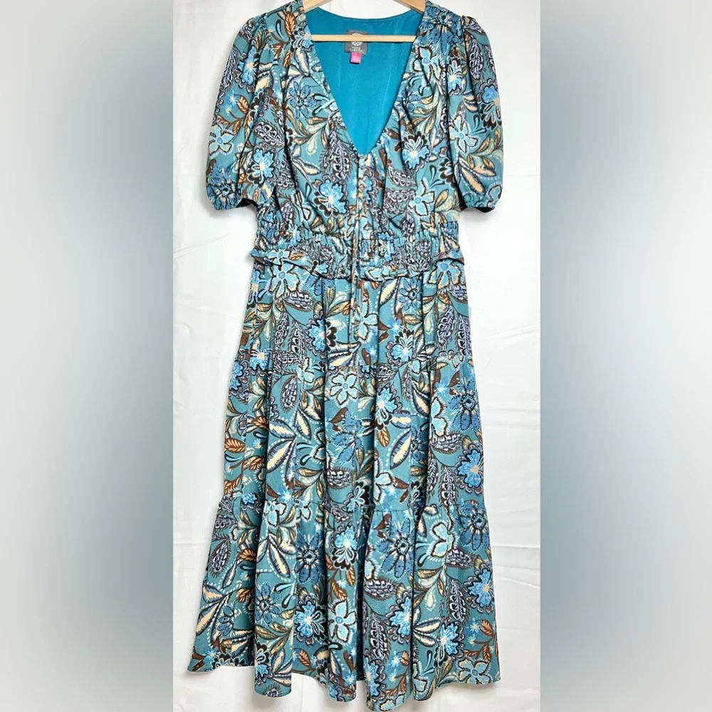 New! Vince Camuto Teal Floral Paisley Print Midi Dress - Picture 2 of 7